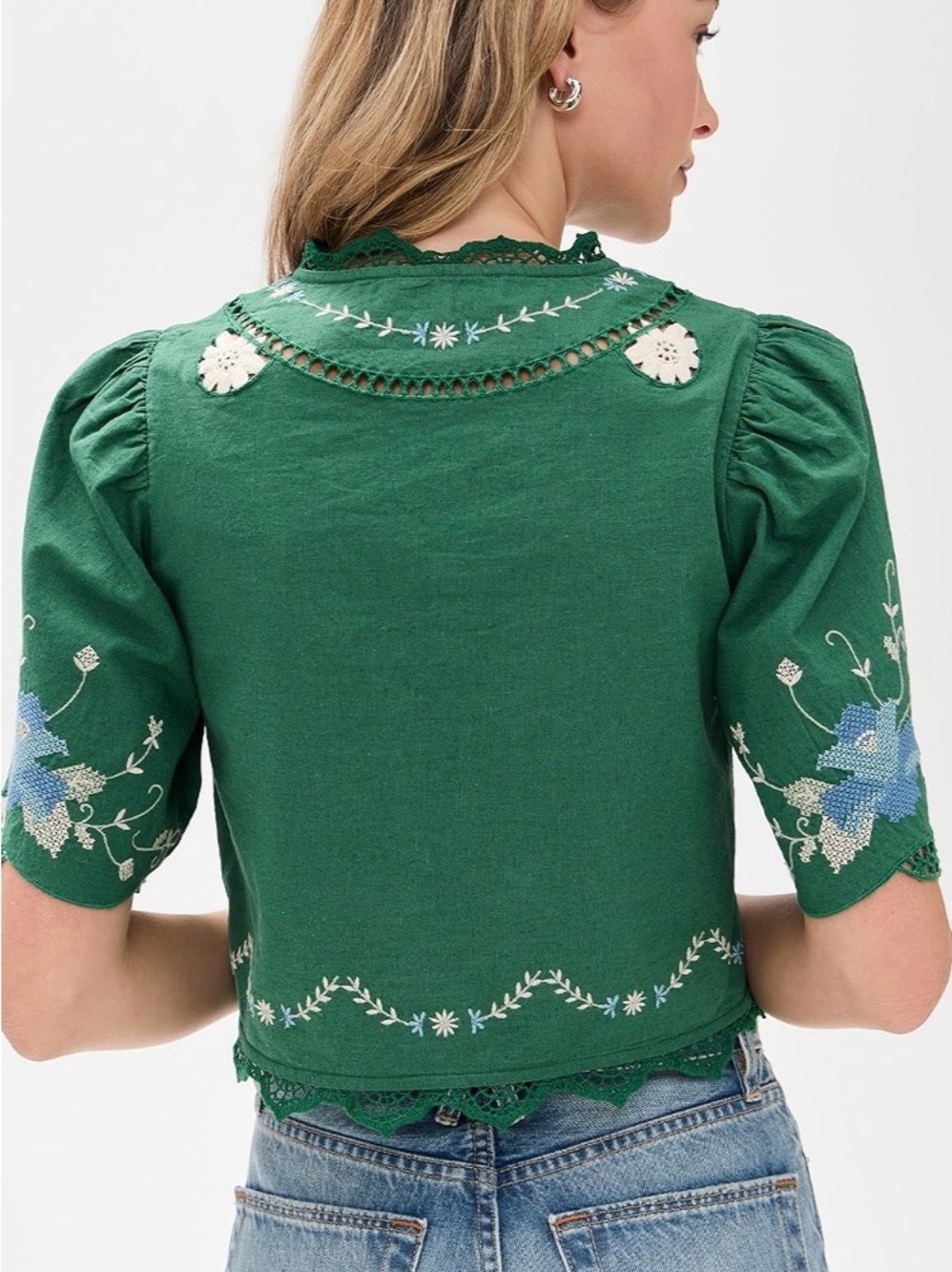 NWT Cotton/Linen Green Embroidered Tie Front Top - Picture 3 of 12